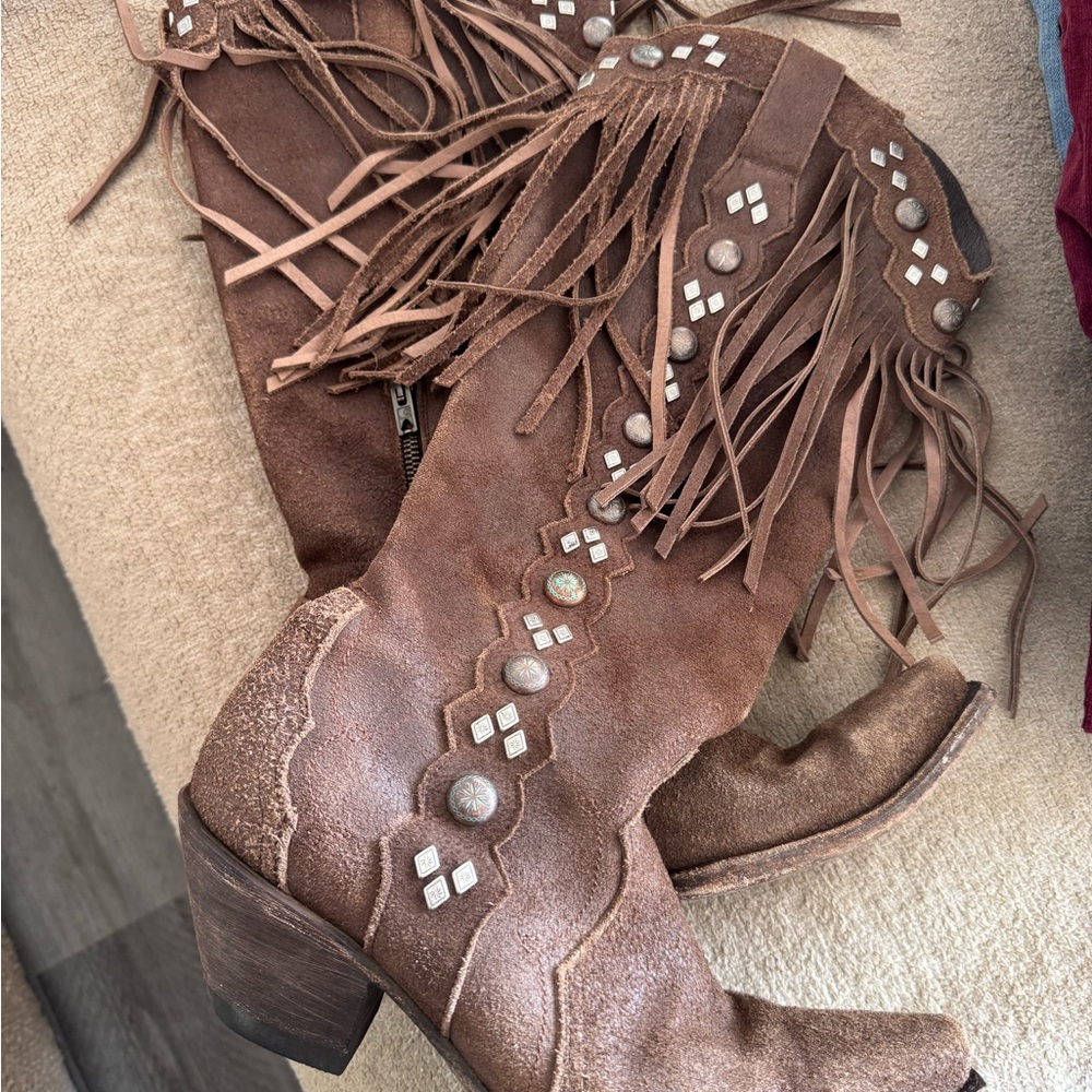 Old Gringo Brown Heeled Boots with Fringe and Studs